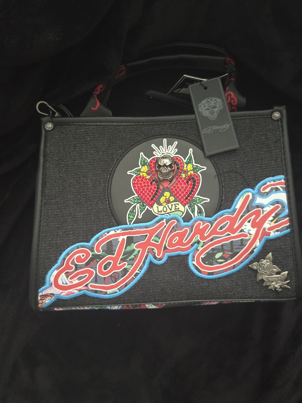 Ed Hardy Black Tote with Red & Blue Script Logo and Multicolor Heart Patch